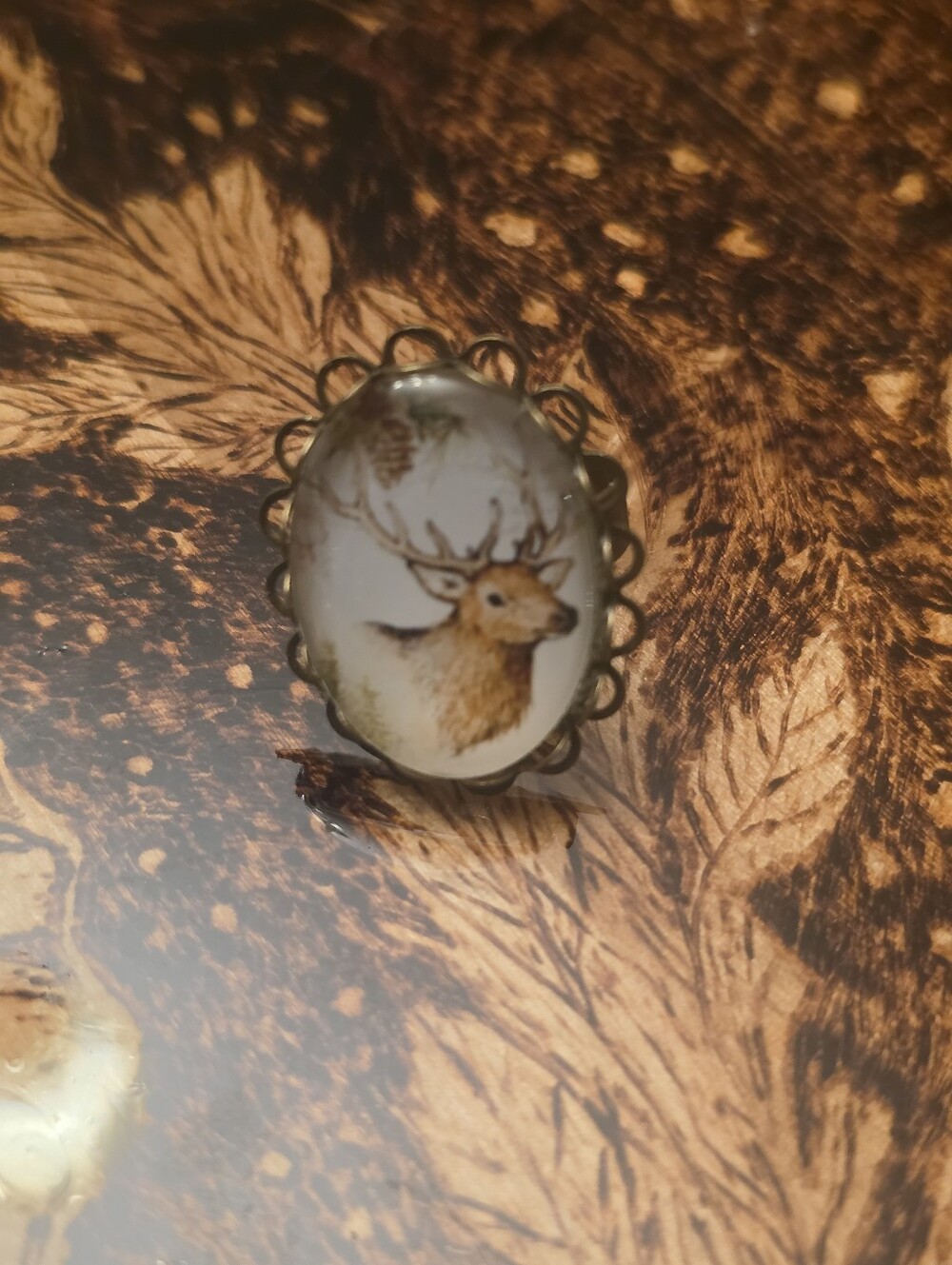 Deer Head Glass Cabochon In Bronze Tone Frame Adjustable Ring